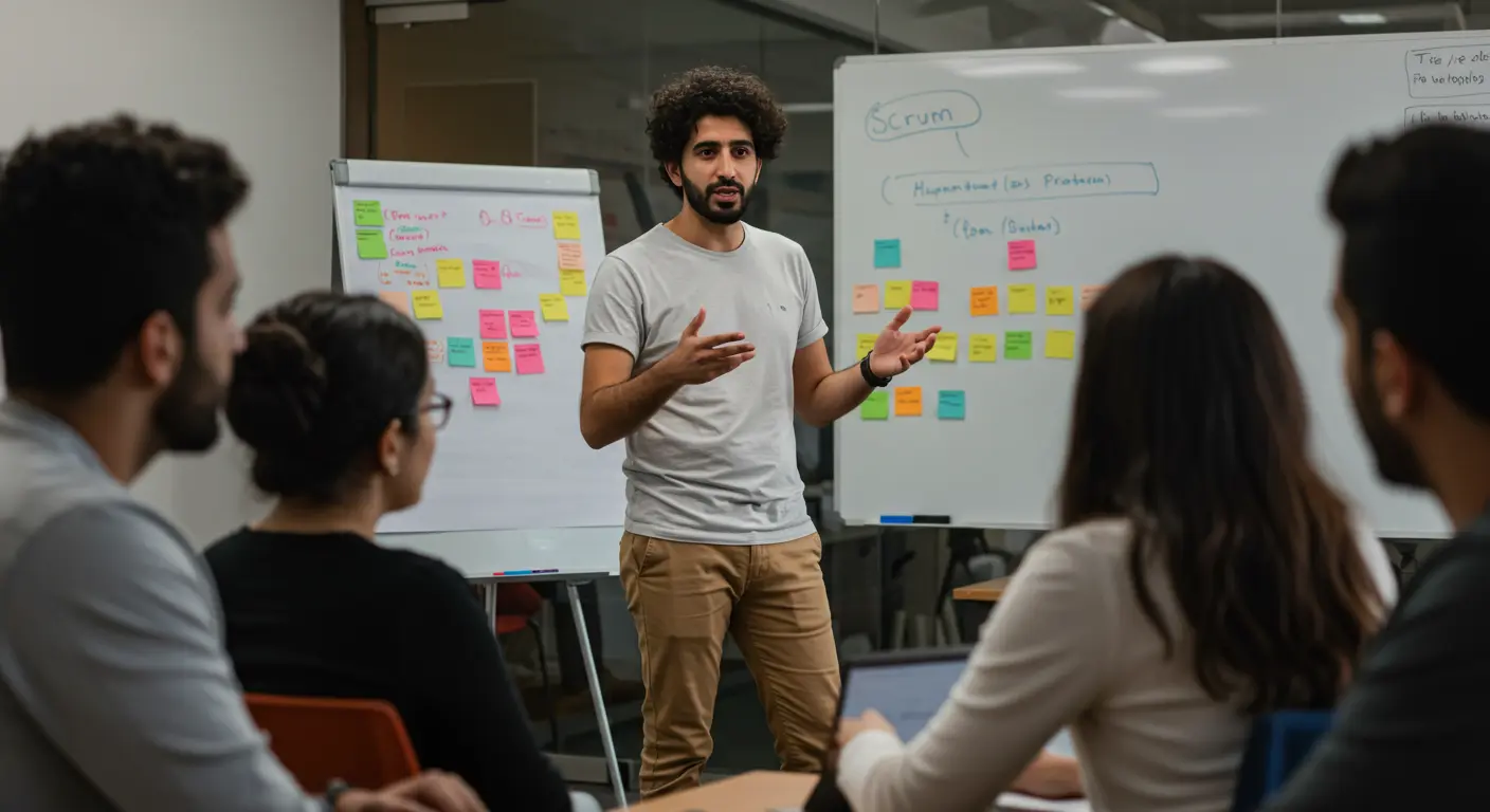 Diverse team of designers and developers collaborating on digital interfaces