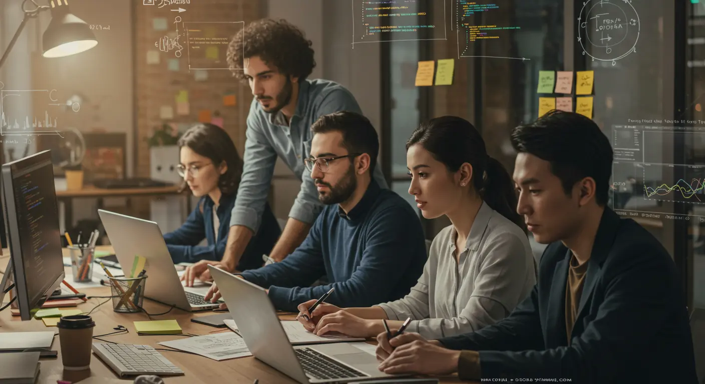 Product managers and developers collaborating on wireframe designs